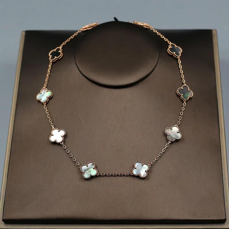 925 Silver 18k Gold Plated 10 Motif Clover Necklace,15mm Vintage Grey of Pearl Clover Jewelry
