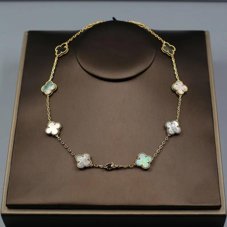 925 Silver 18k Gold Plated 10 Motif Clover Necklace,15mm Vintage Grey of Pearl Clover Jewelry