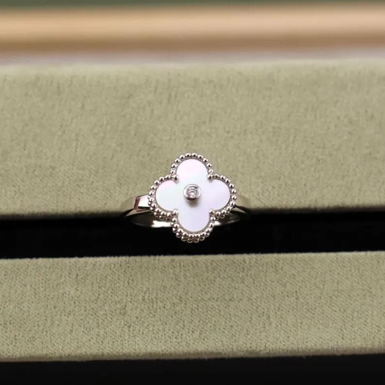 925 Silver 18k Gold Plated Clover Rings,15mm Vintage White Mother of Pearl with CZ Diamonds Clover Jewelry