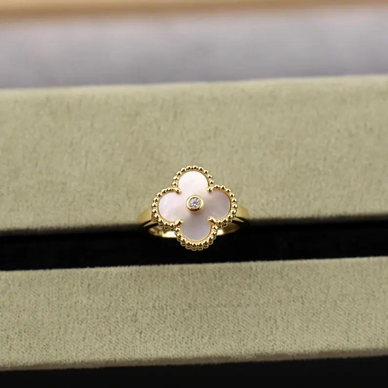 925 Silver 18k Gold Plated Clover Rings,15mm Vintage White Mother of Pearl with CZ Diamonds Clover Jewelry