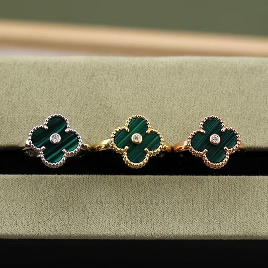 925 Silver 18k Gold Plated Clover Rings,15mm Vintage Malachite with CZ Diamonds Clover Jewelry