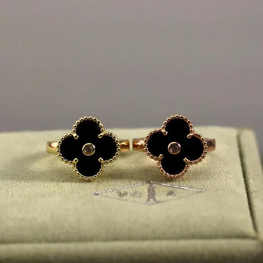 925 Silver 18k Gold Plated Clover Rings,15mm Vintage Black Agate with CZ Diamonds Clover Jewelry