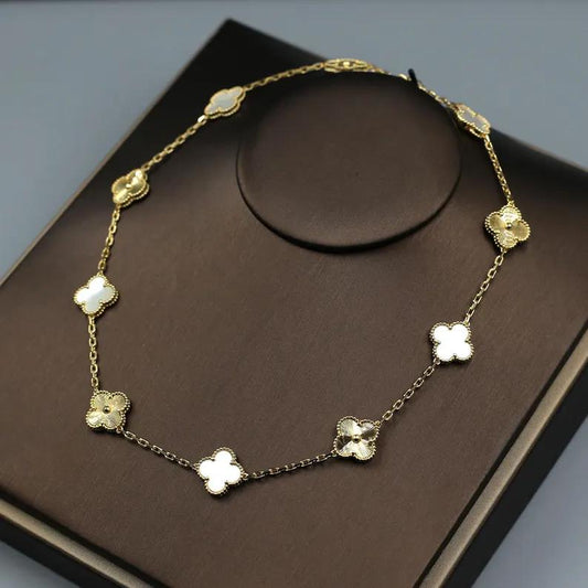 925 Silver 18k Gold Plated 10 Motif Clover Necklace,15mm Vintage White Mother of Pearl and Full Gold Laser Clover Jewelry