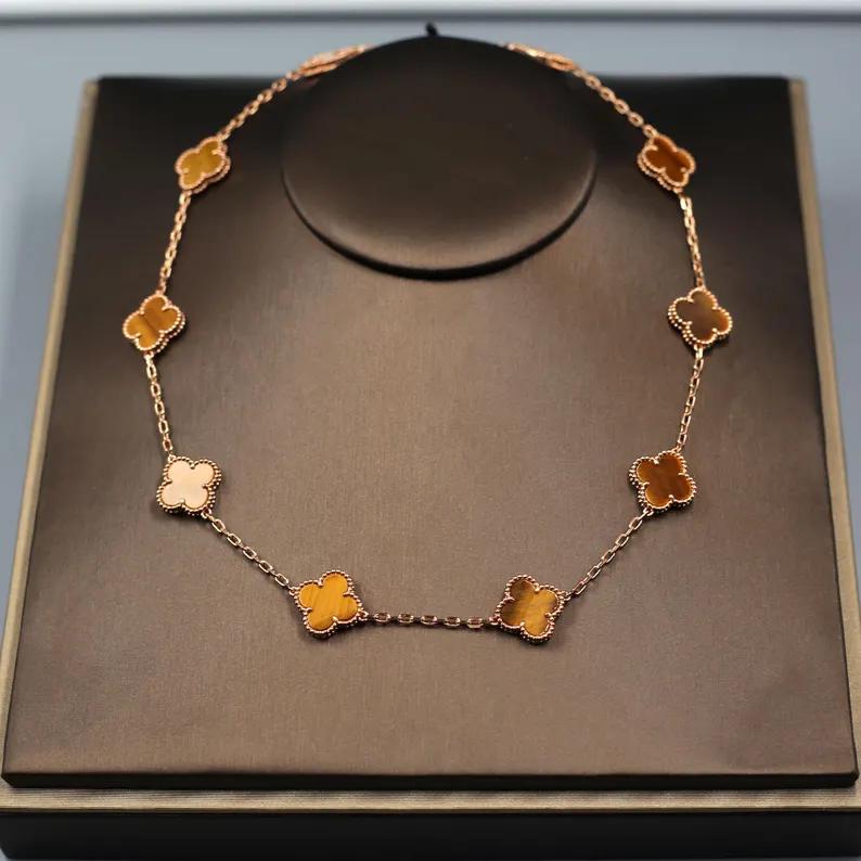 925 Silver 18k Gold Plated 10 Motif Clover Necklace,15mm Vintage Tiger Eye Stone Clover Jewelry