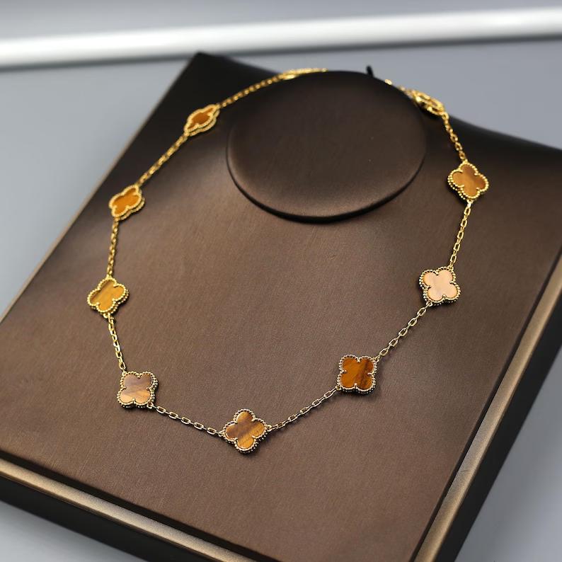 925 Silver 18k Gold Plated 10 Motif Clover Necklace,15mm Vintage Tiger Eye Stone Clover Jewelry