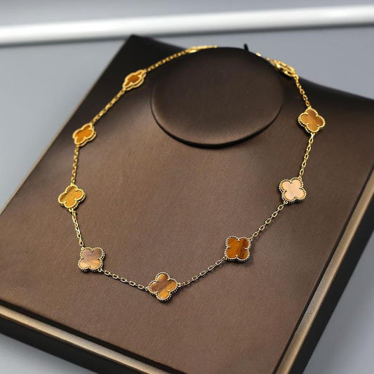 925 Silver 18k Gold Plated 10 Motif Clover Necklace,15mm Vintage Tiger Eye Stone Clover Jewelry