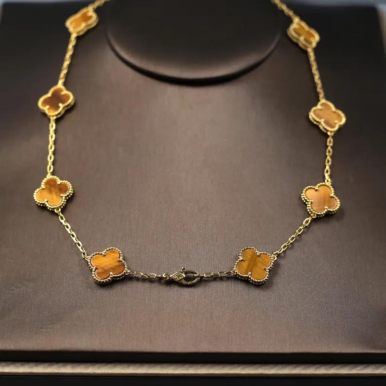 925 Silver 18k Gold Plated 10 Motif Clover Necklace,15mm Vintage Tiger Eye Stone Clover Jewelry
