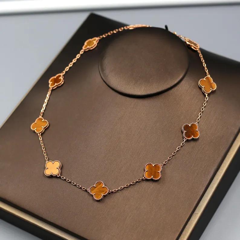 925 Silver 18k Gold Plated 10 Motif Clover Necklace,15mm Vintage Tiger Eye Stone Clover Jewelry