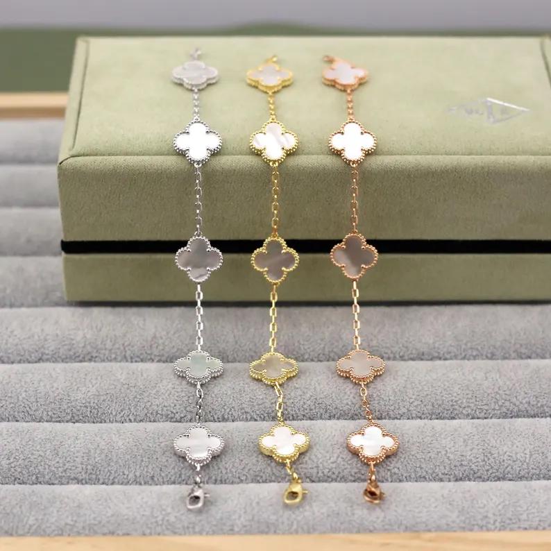 925 Silver 18k Gold Plated 5 Motif Clover Bracelet,15mm Vintage White Mother of Pearl Clover Jewelry