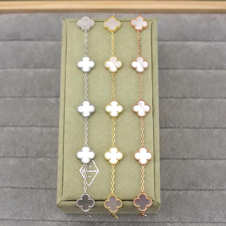 925 Silver 18k Gold Plated 5 Motif Clover Bracelet,15mm Vintage White Mother of Pearl Clover Jewelry