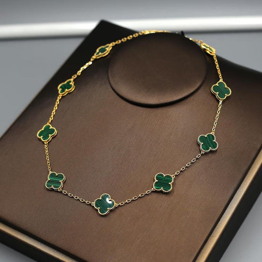 925 Silver 18k Gold Plated 10 Motif Clover Necklace,15mm Vintage Malachite Clover Jewelry