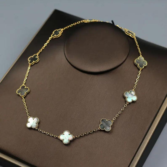 925 Silver 18k Gold Plated 10 Motif Clover Necklace,15mm Vintage Grey of Pearl Clover Jewelry