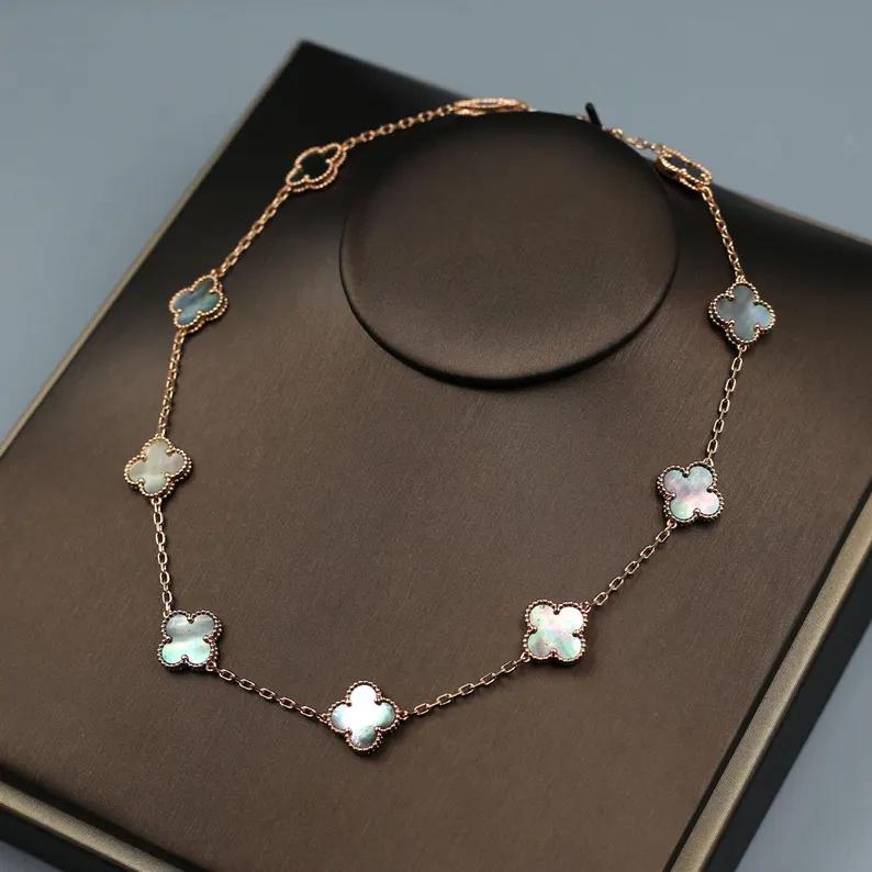 925 Silver 18k Gold Plated 10 Motif Clover Necklace,15mm Vintage Grey of Pearl Clover Jewelry