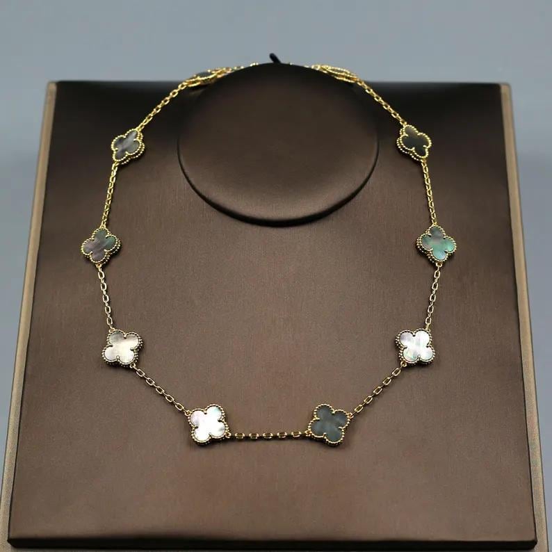 925 Silver 18k Gold Plated 10 Motif Clover Necklace,15mm Vintage Grey of Pearl Clover Jewelry