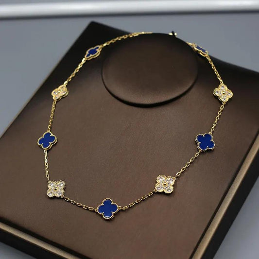 925 Silver 18k Gold Plated 10 Motif Clover Necklace,15mm Vintage Blue Agate and CZ Diamonds Clover Jewelry