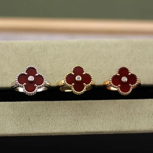 925 Silver 18k Gold Plated Clover Rings,15mm Vintage Red Chalcedony with CZ Diamonds Clover Jewelry