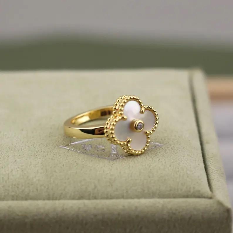925 Silver 18k Gold Plated Clover Rings,15mm Vintage White Mother of Pearl with CZ Diamonds Clover Jewelry