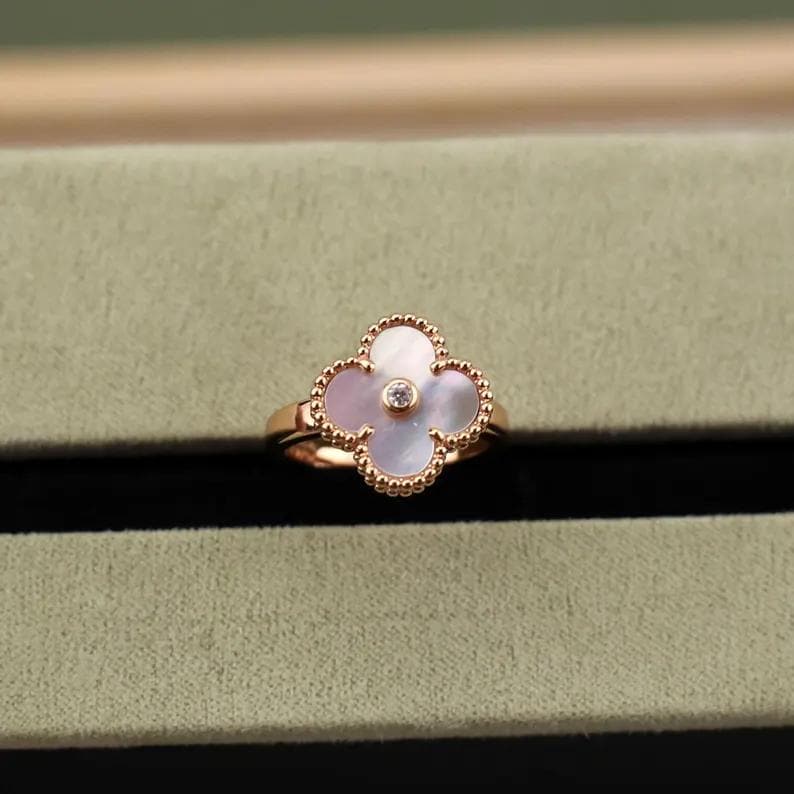 925 Silver 18k Gold Plated Clover Rings,15mm Vintage White Mother of Pearl with CZ Diamonds Clover Jewelry