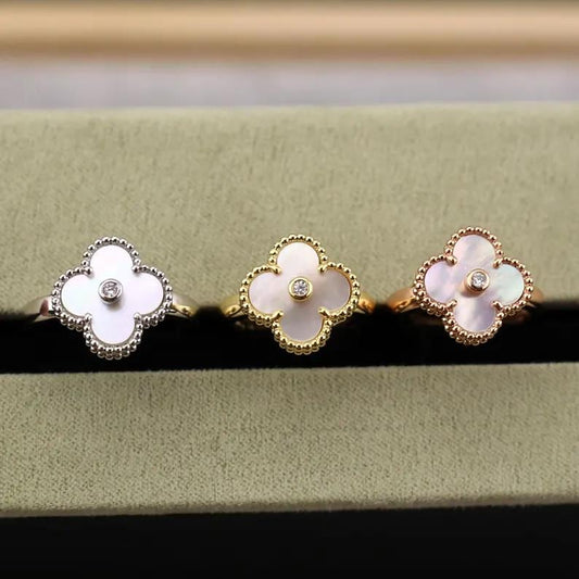 925 Silver 18k Gold Plated Clover Rings,15mm Vintage White Mother of Pearl with CZ Diamonds Clover Jewelry