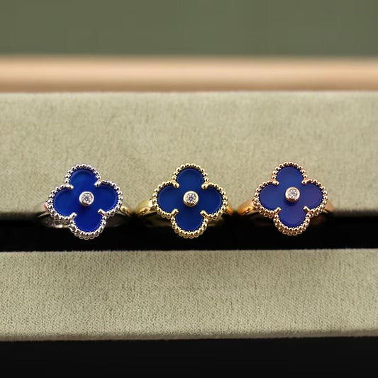 925 Silver 18k Gold Plated Clover Rings,15mm Vintage Blue Agate with CZ Diamonds Clover Jewelry