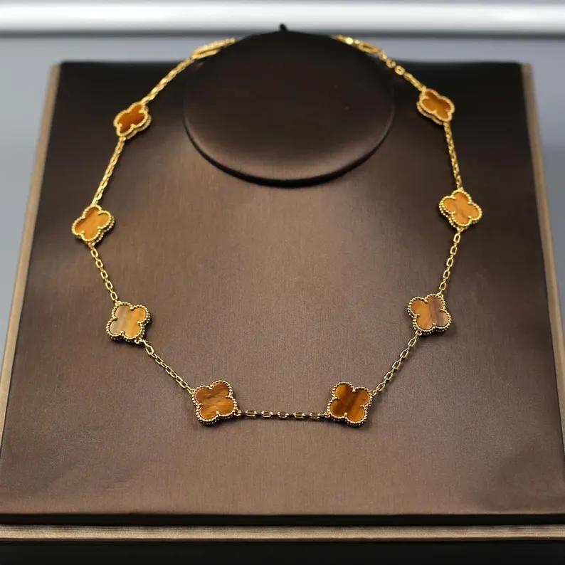 925 Silver 18k Gold Plated 10 Motif Clover Necklace,15mm Vintage Tiger Eye Stone Clover Jewelry