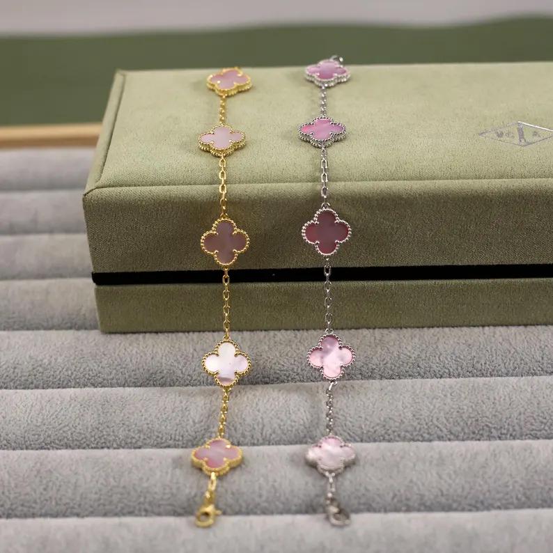 925 Silver 18k Gold Plated 5 Motif Clover Bracelet,15mm Vintage Full Gold Laser Clover Jewelry
