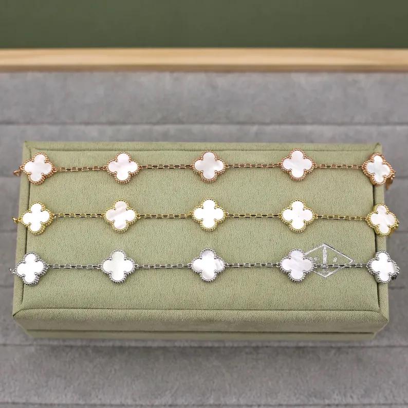 925 Silver 18k Gold Plated 5 Motif Clover Bracelet,15mm Vintage White Mother of Pearl Clover Jewelry