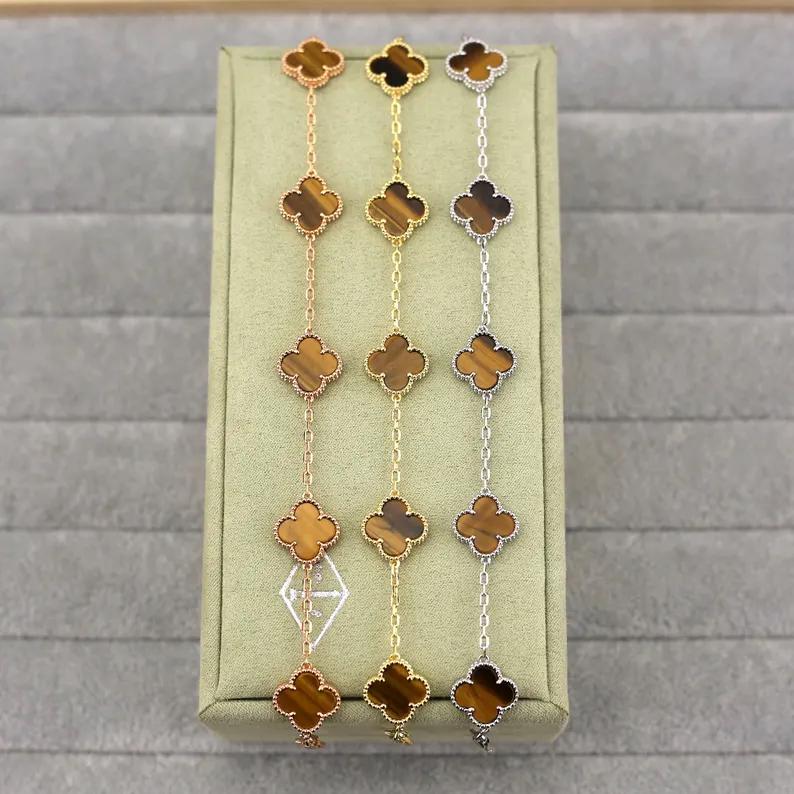 925 Silver 18k Gold Plated 5 Motif Clover Bracelet,15mm Vintage Tiger Eye Stone Clover Jewelry