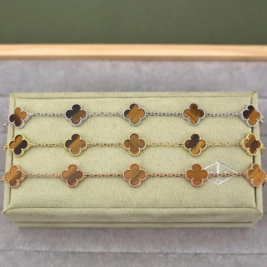 925 Silver 18k Gold Plated 5 Motif Clover Bracelet,15mm Vintage Tiger Eye Stone Clover Jewelry