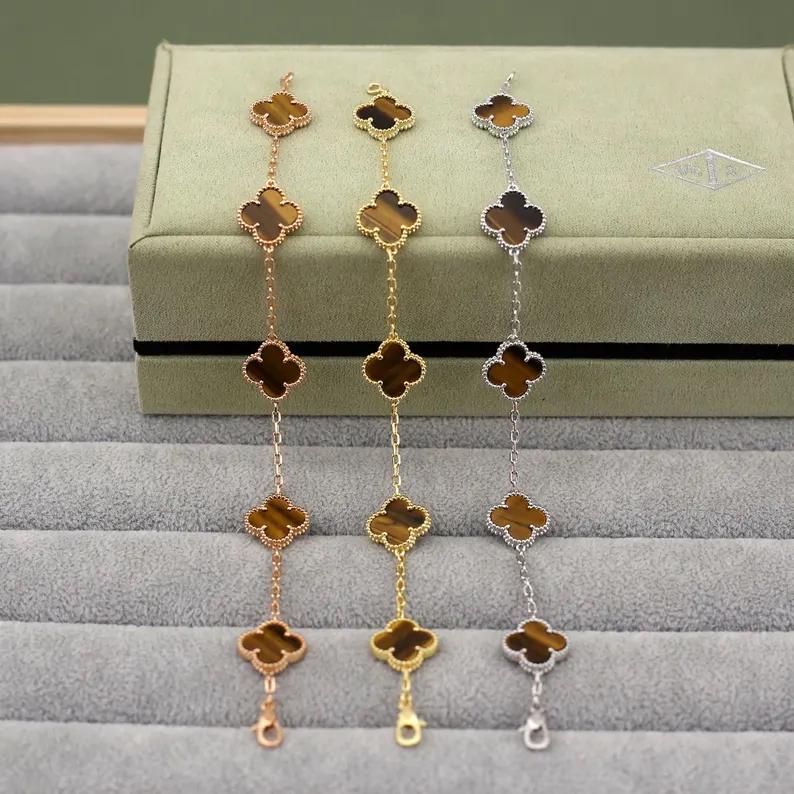 925 Silver 18k Gold Plated 5 Motif Clover Bracelet,15mm Vintage Tiger Eye Stone Clover Jewelry